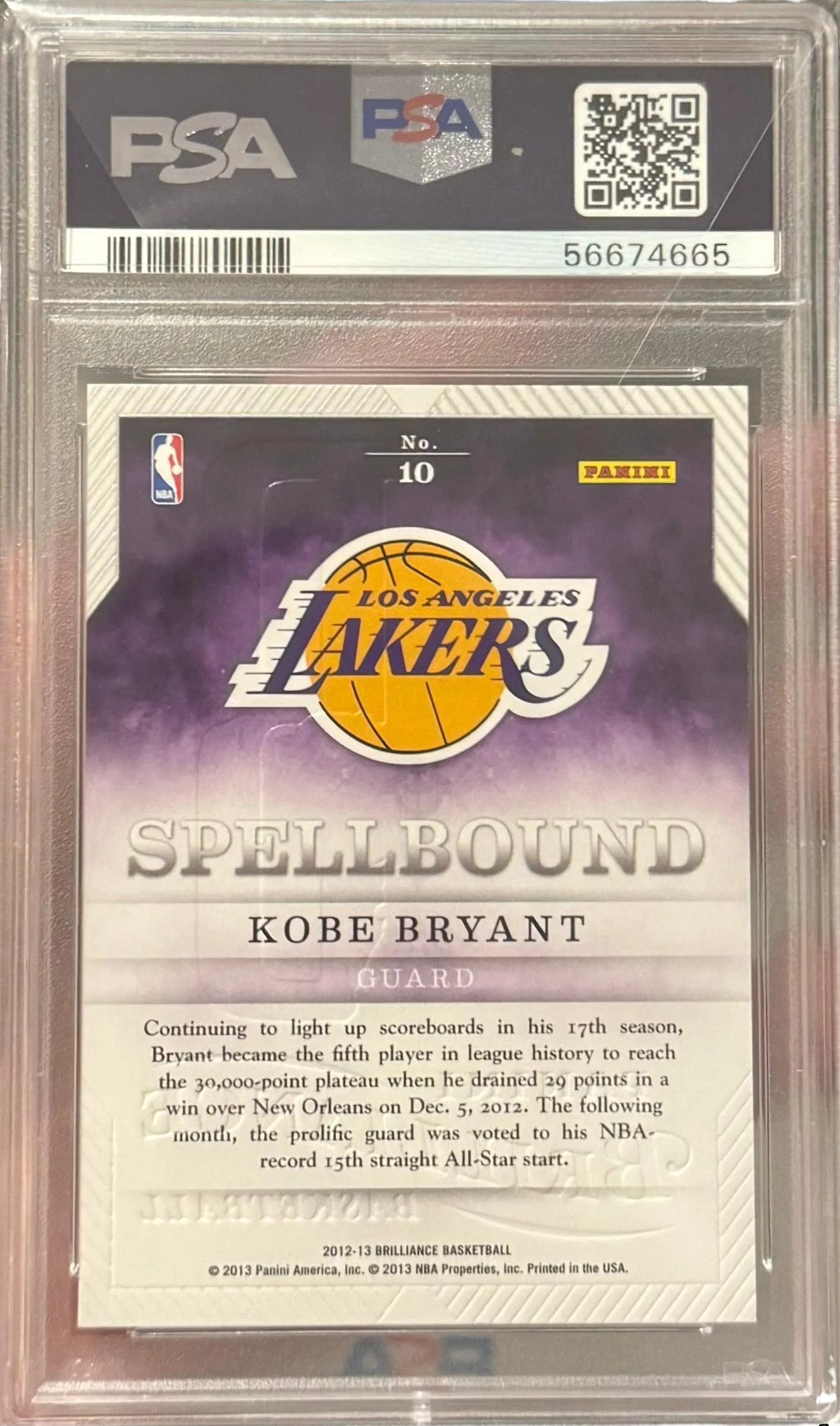 2012 Panini Brilliance Kobe Bryant Spellbound (B) (PSA Graded: 10/10)