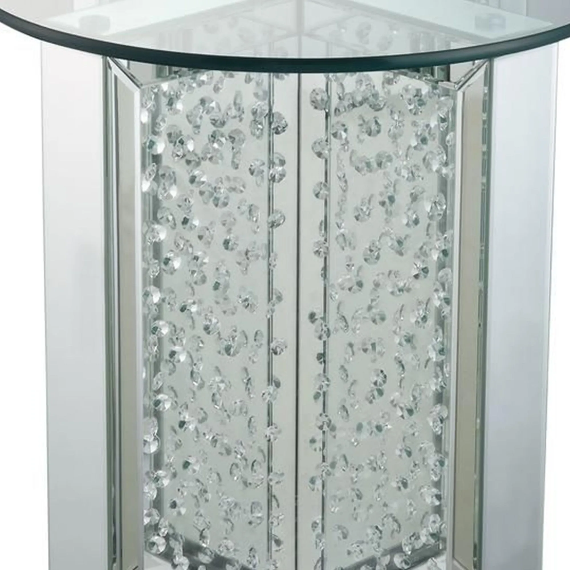 23  Inch Round Mirrored End Table With Glass Top, Silver By Benzara