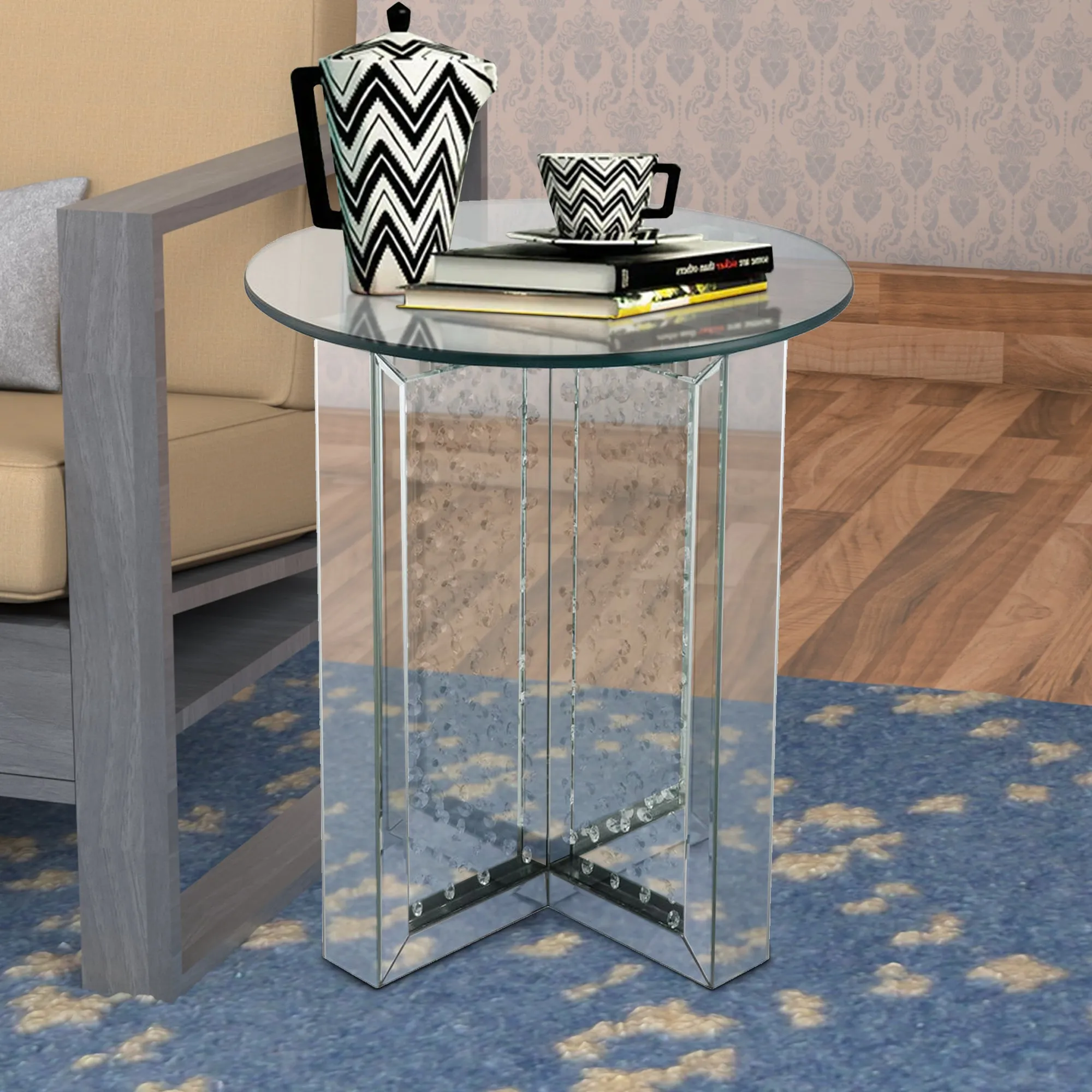 23  Inch Round Mirrored End Table With Glass Top, Silver By Benzara