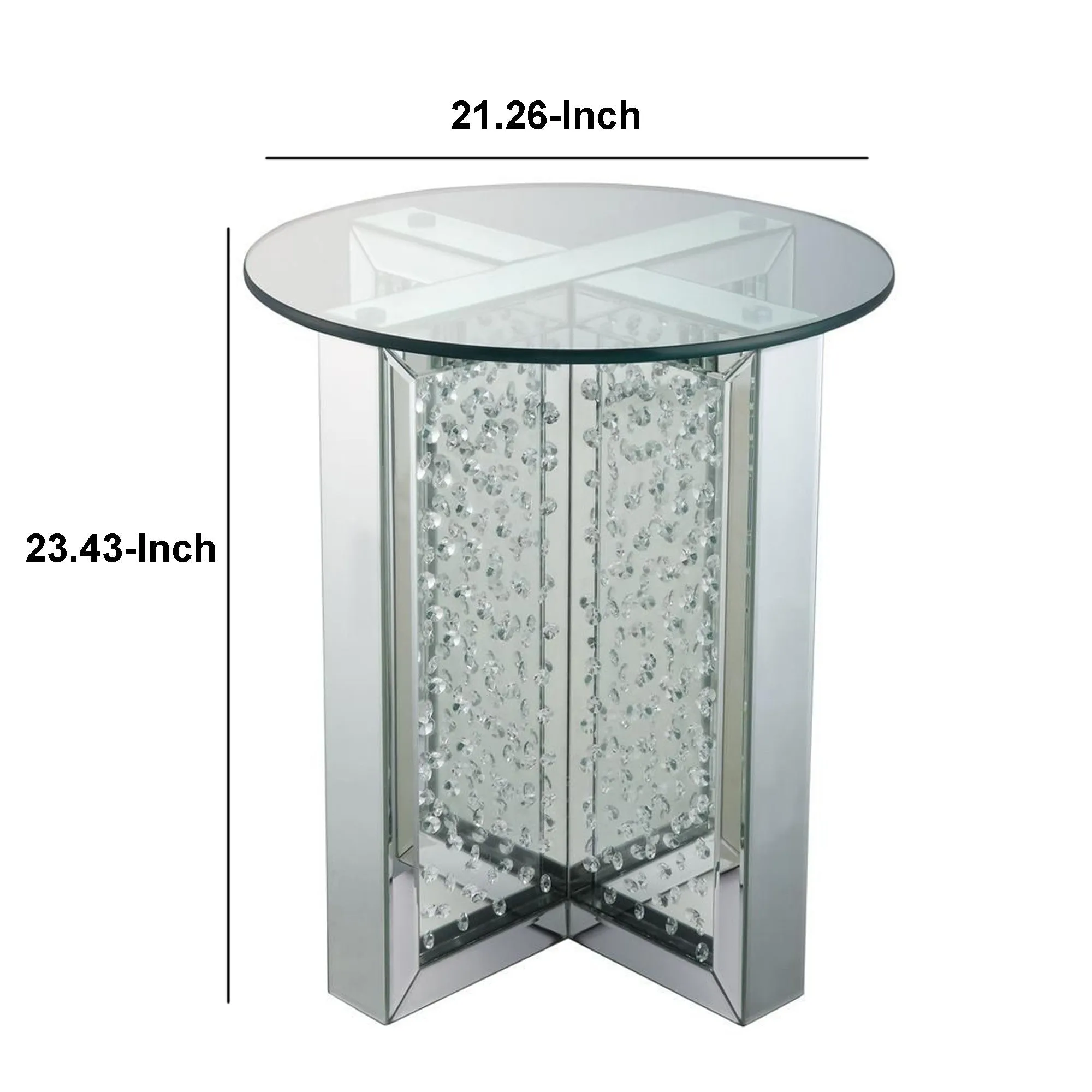 23  Inch Round Mirrored End Table With Glass Top, Silver By Benzara