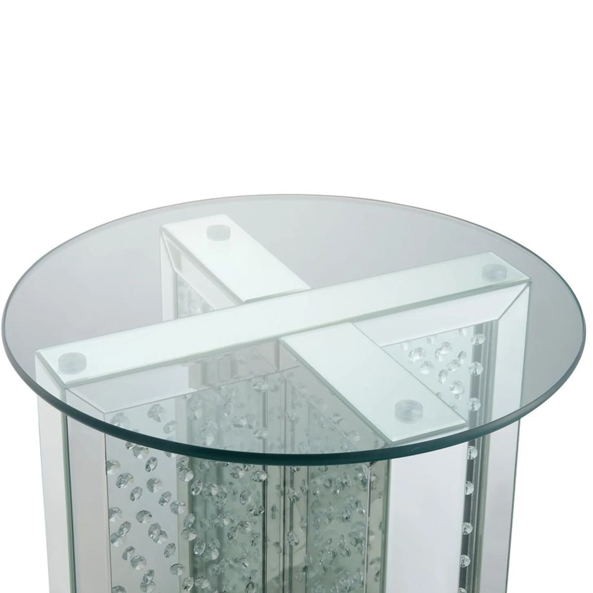 23  Inch Round Mirrored End Table With Glass Top, Silver By Benzara