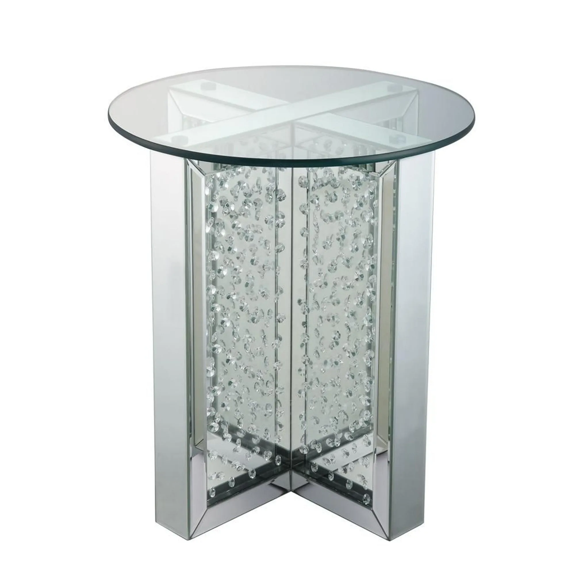 23  Inch Round Mirrored End Table With Glass Top, Silver By Benzara