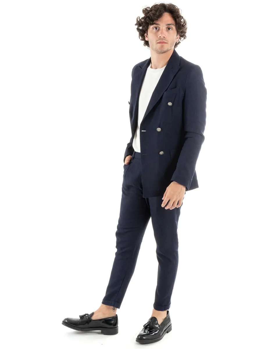 Abito Uomo Doppiopetto Vestito Lino Completo Giacca Pantaloni Blu Elegante Cerimonia GIOSAL-OU2383A