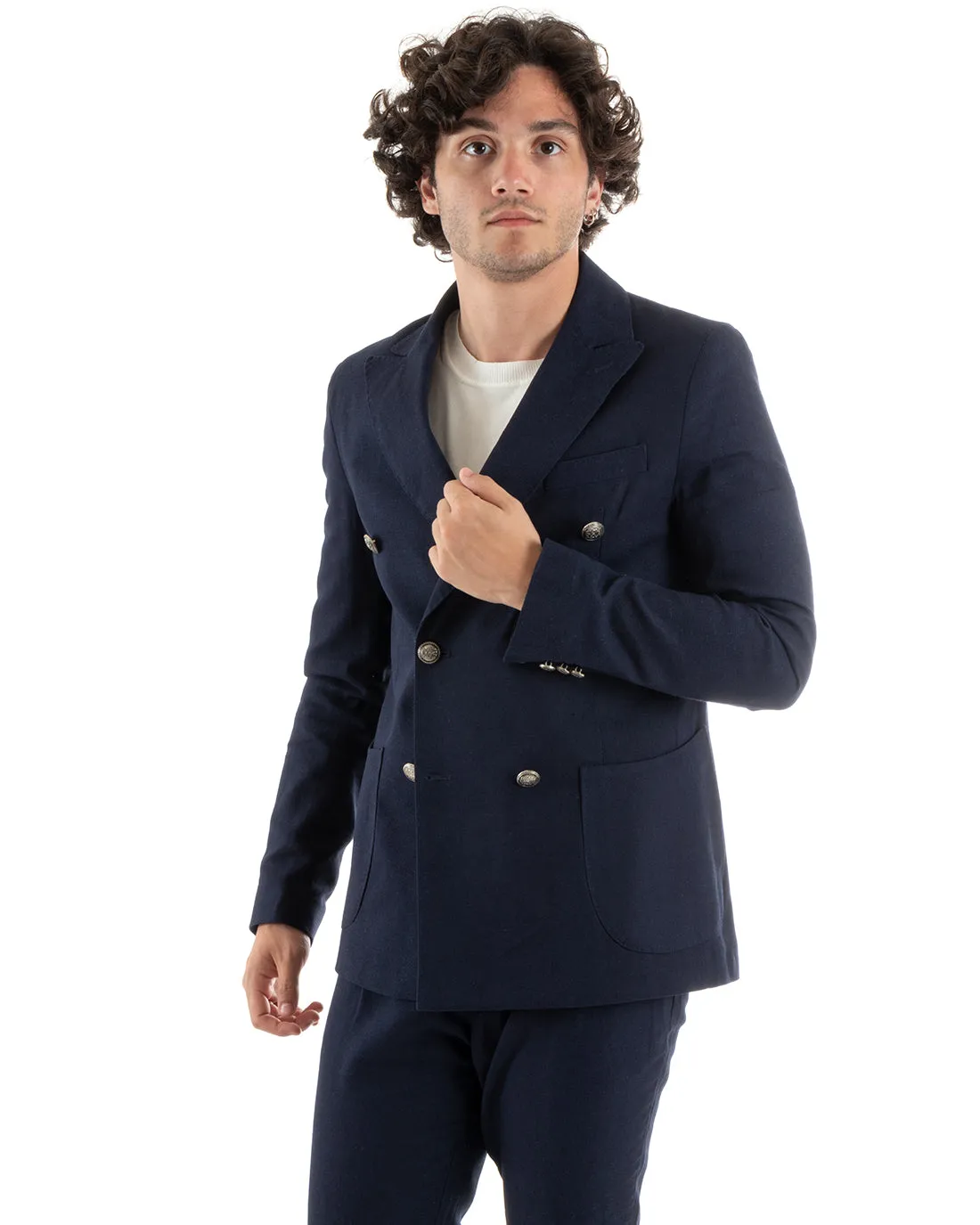 Abito Uomo Doppiopetto Vestito Lino Completo Giacca Pantaloni Blu Elegante Cerimonia GIOSAL-OU2383A