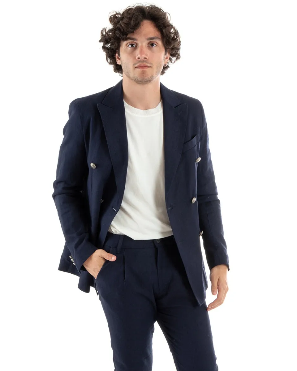 Abito Uomo Doppiopetto Vestito Lino Completo Giacca Pantaloni Blu Elegante Cerimonia GIOSAL-OU2383A