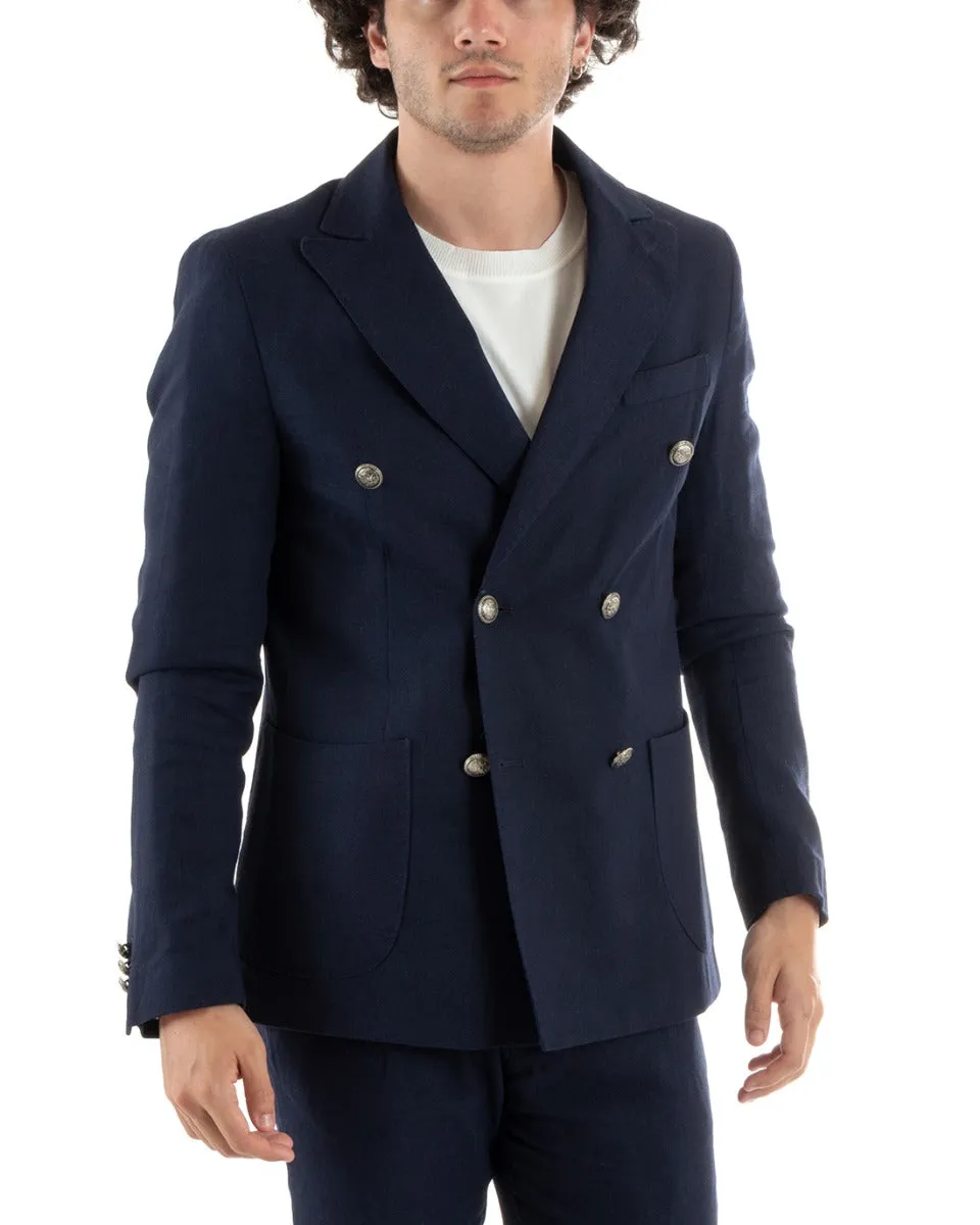 Abito Uomo Doppiopetto Vestito Lino Completo Giacca Pantaloni Blu Elegante Cerimonia GIOSAL-OU2383A