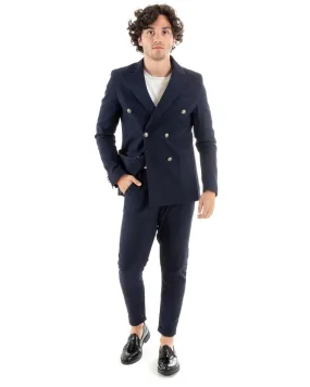 Abito Uomo Doppiopetto Vestito Lino Completo Giacca Pantaloni Blu Elegante Cerimonia GIOSAL-OU2383A