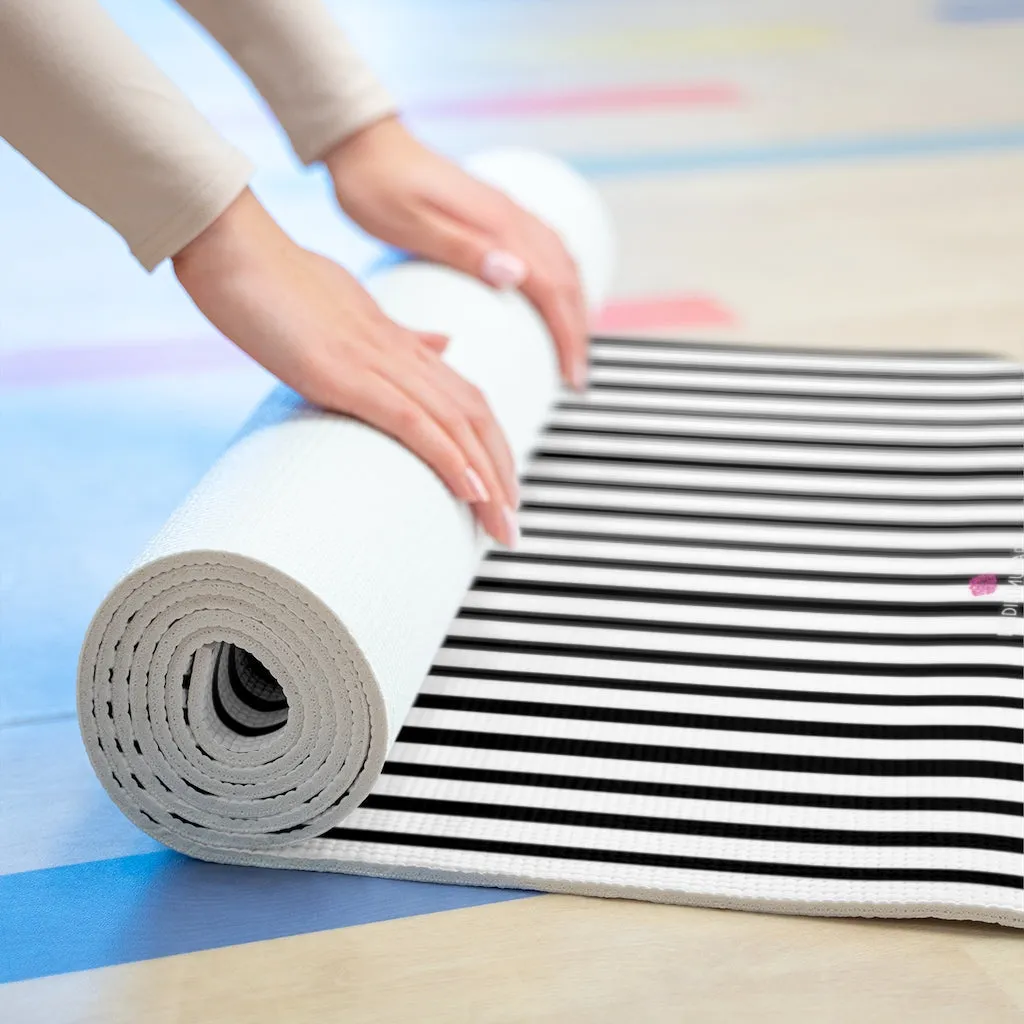 Black Stripe Foam Yoga Mat, Modern White and Black Stripes Lightweight 0.25" thick Mat - Printed in USA (Size: 24″x72")