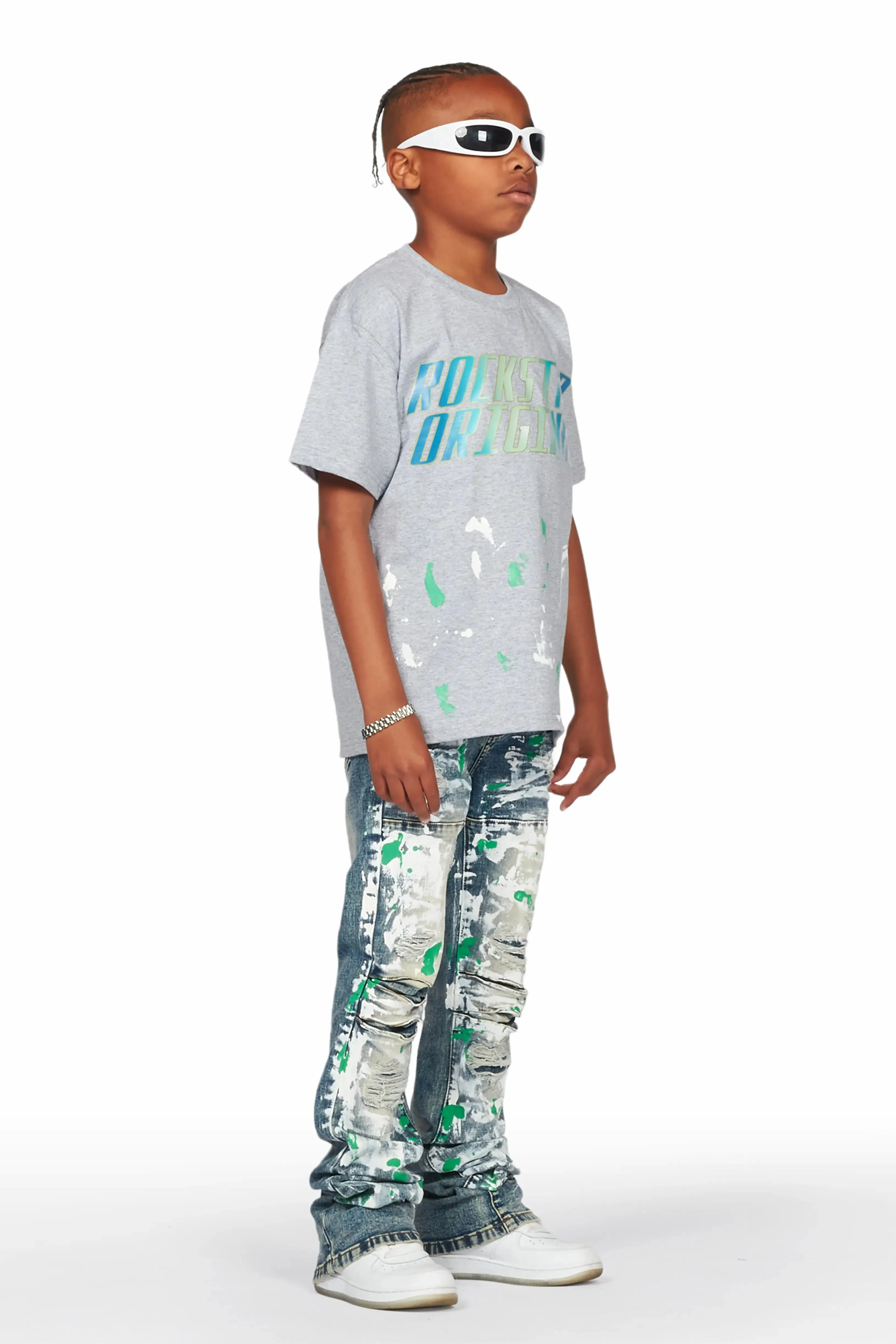 Boys Panos Grey T-Shirt/Stacked Flare Jean Set