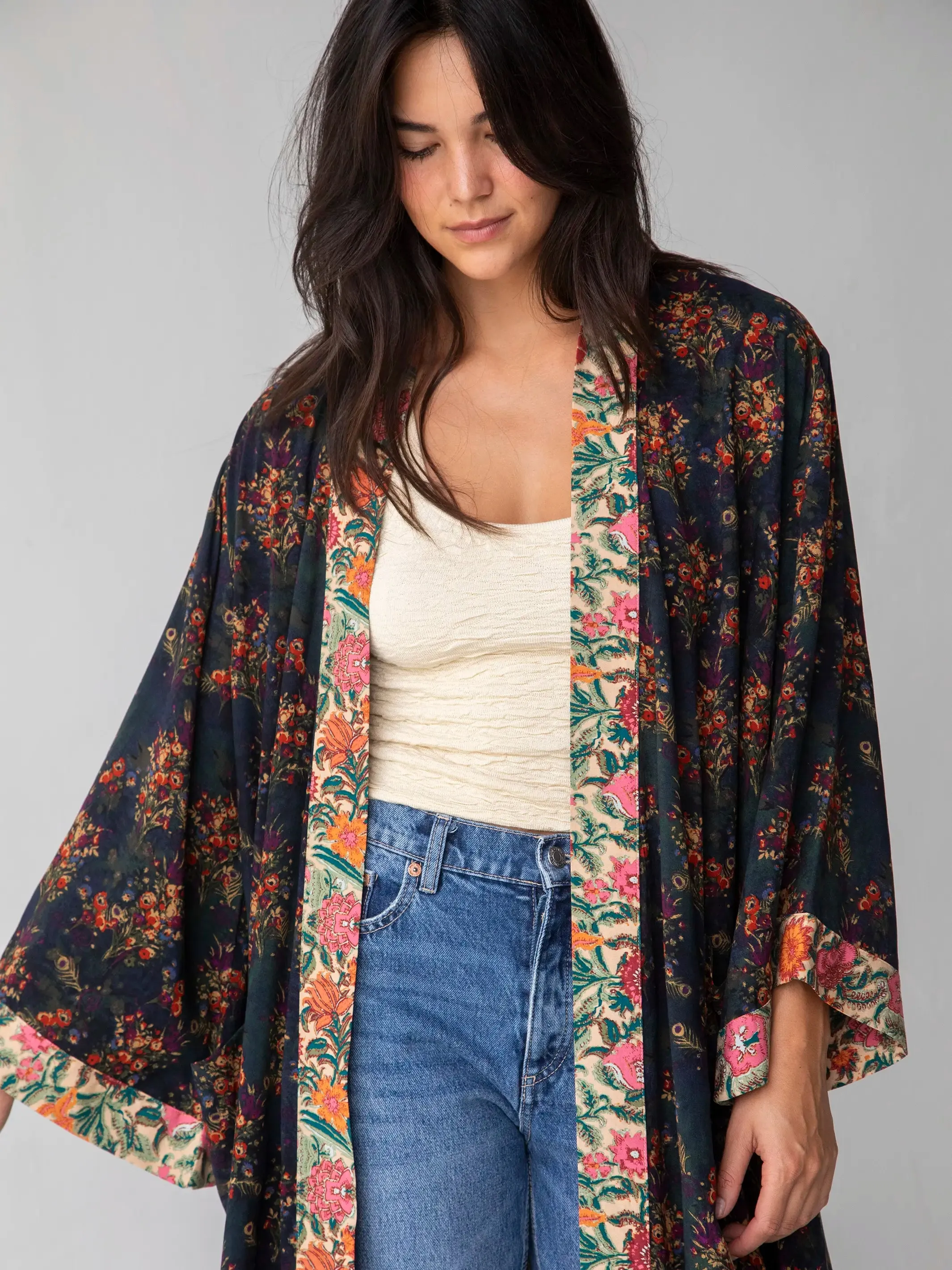 Camila Kimono - Indigo Tan Mixed Floral