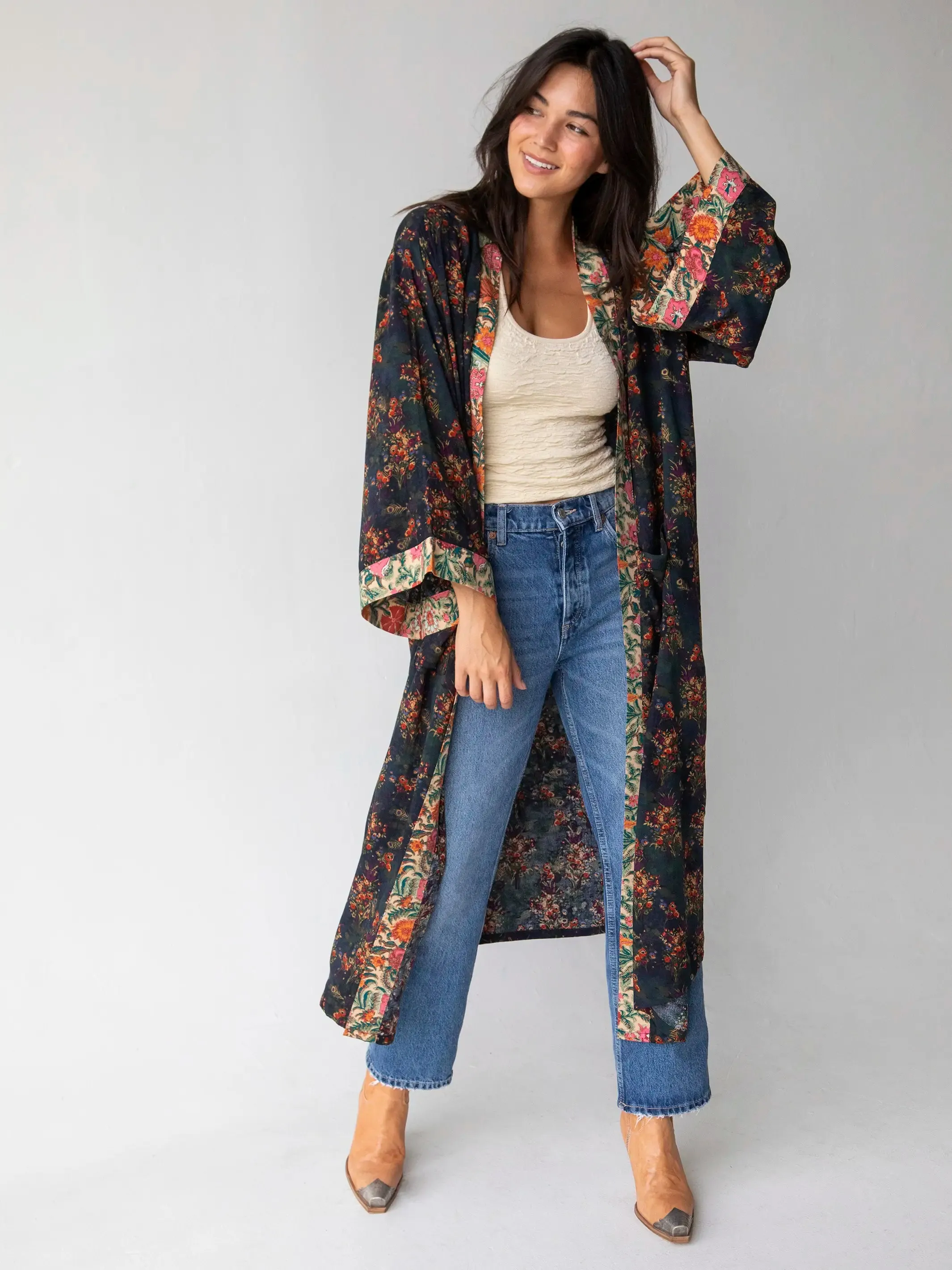 Camila Kimono - Indigo Tan Mixed Floral