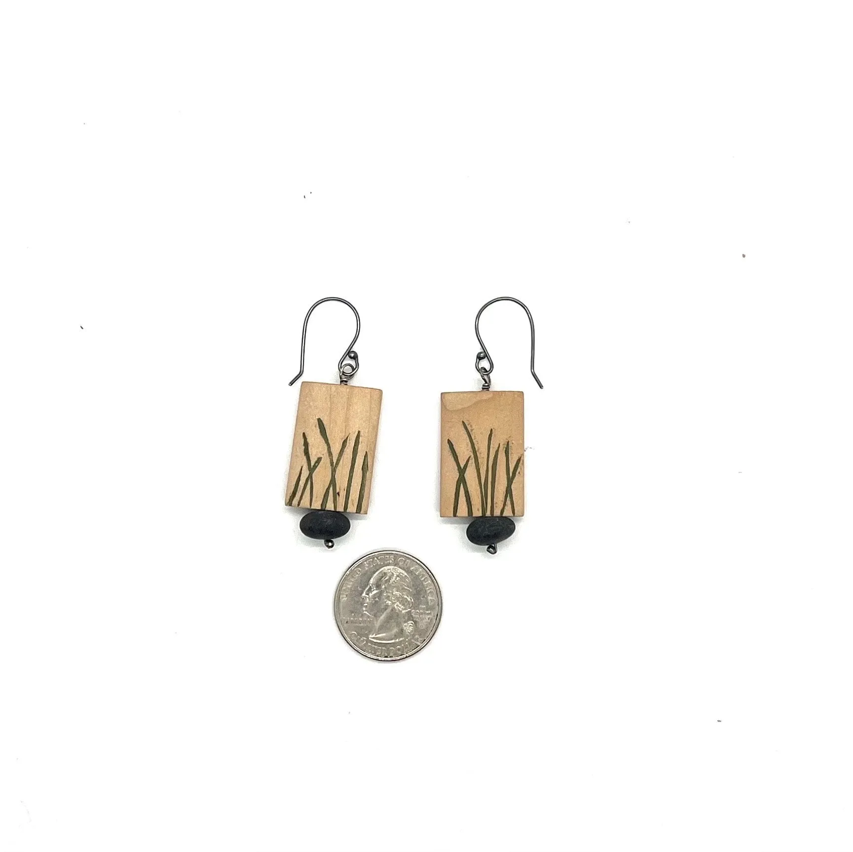 Carved Wood Rectangle & Rock Earrings