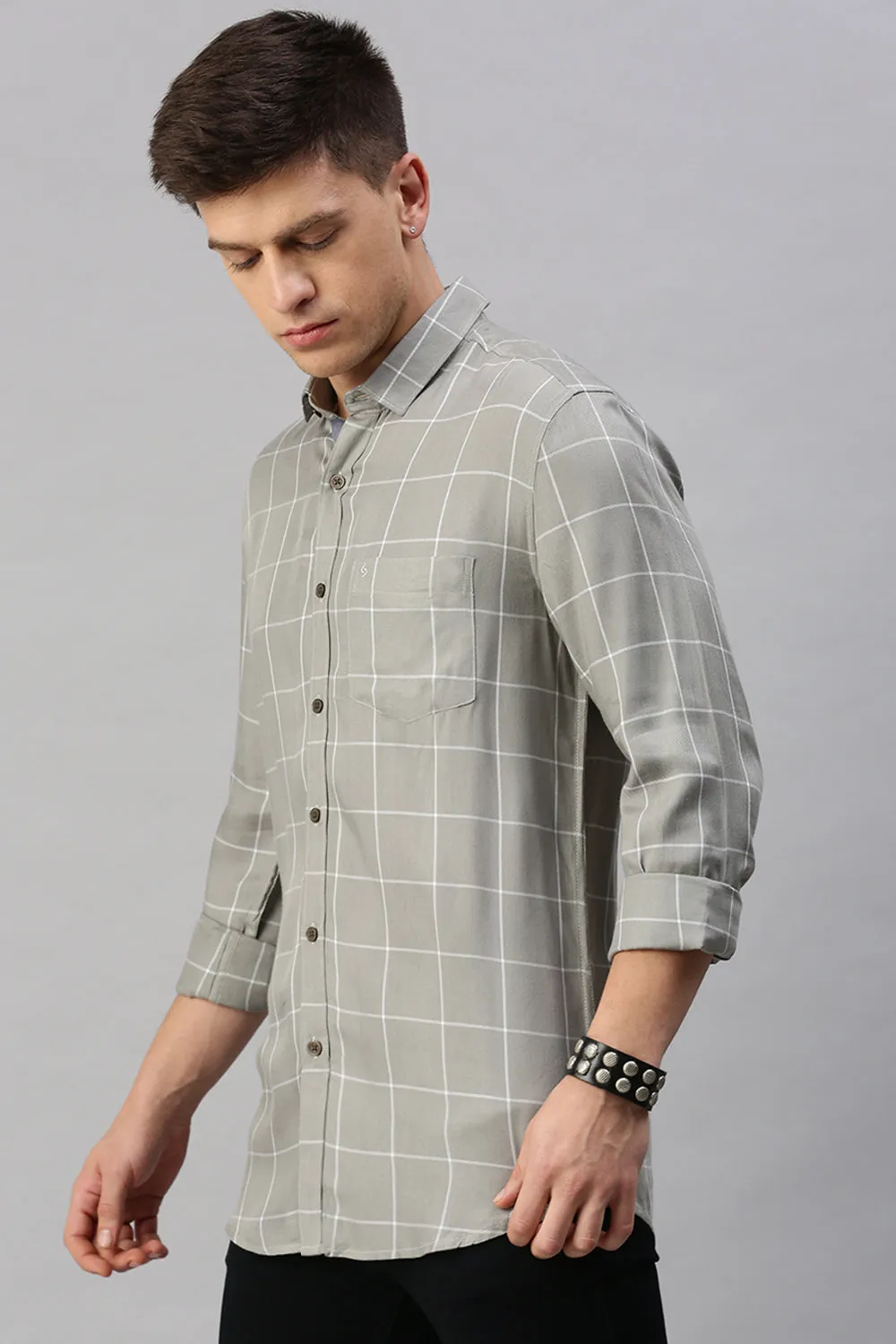 Classic Polo Men's Cotton Full Sleeve Checked Slim Fit Polo Neck Grey Color Woven Shirt | So1-135 A