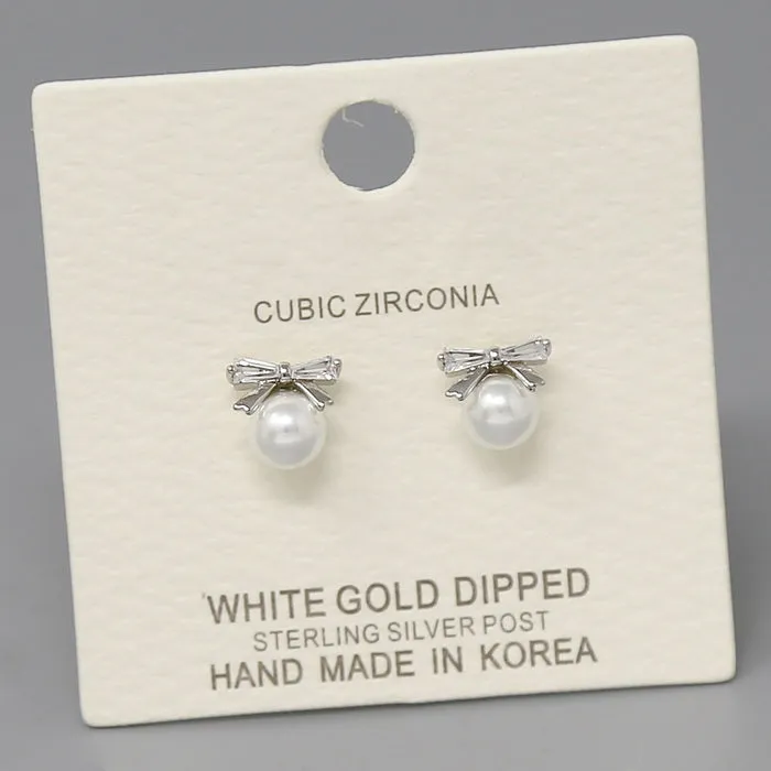 CZ Pave Bow With Pearl Stud Earrings