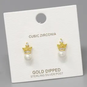 CZ Pave Crown With Pearl Gold Dipped Stud Earrings