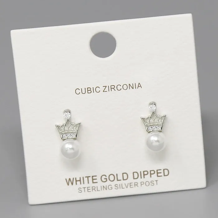 CZ Pave Crown With Pearl Gold Dipped Stud Earrings