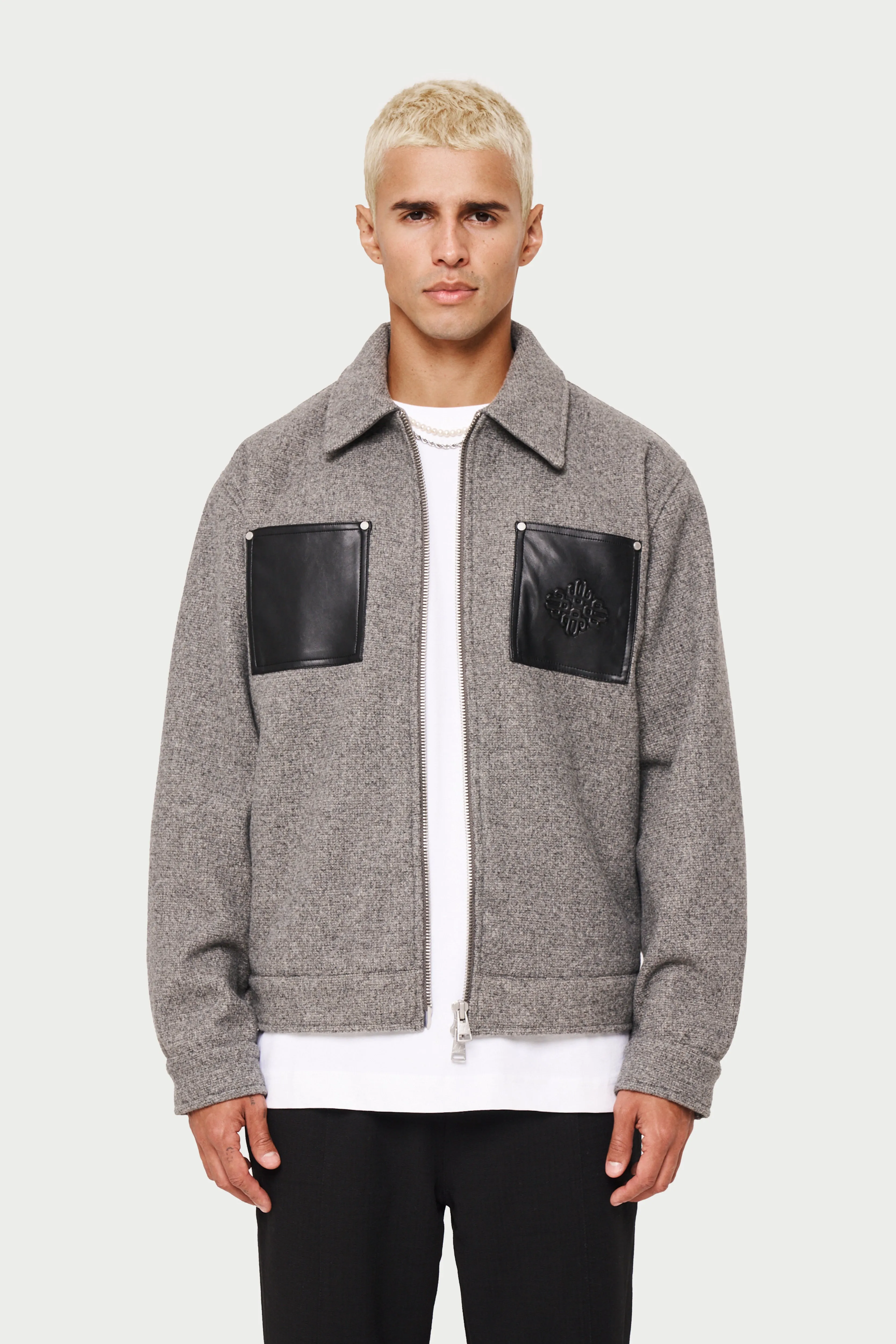 FAUX LEATHER PATCH POCKET WOOL SHACKET - GREY