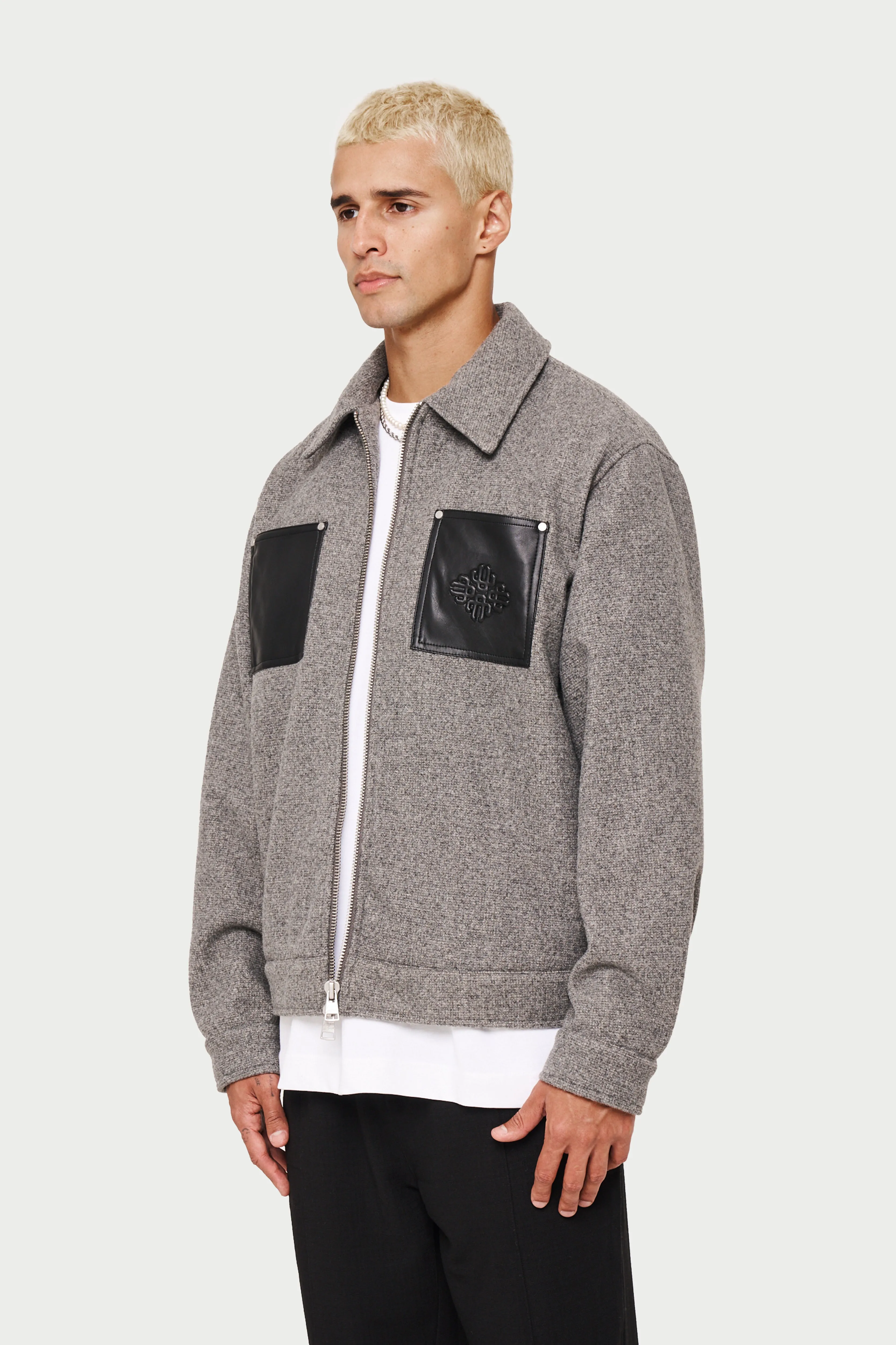 FAUX LEATHER PATCH POCKET WOOL SHACKET - GREY