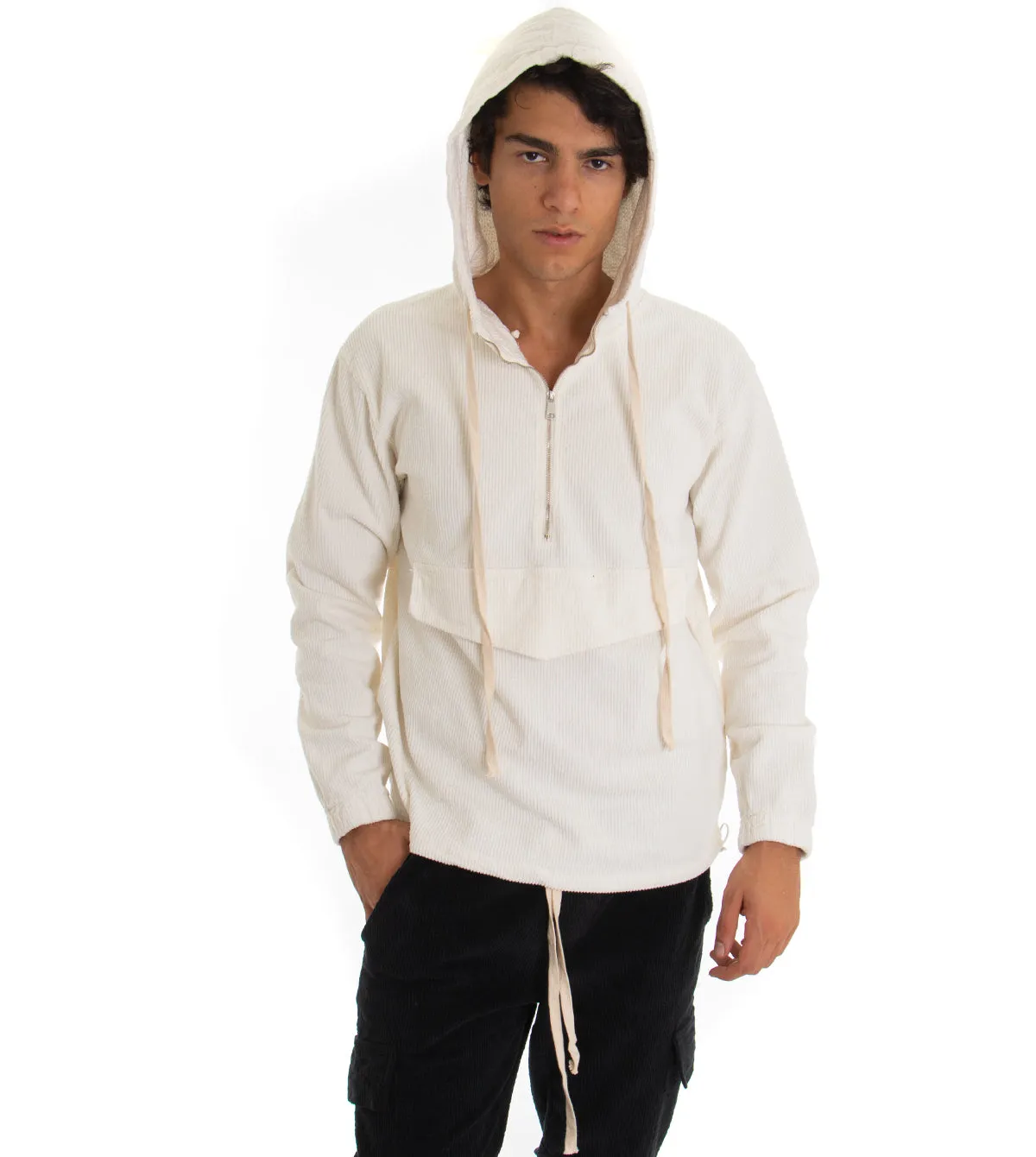 Felpa Uomo Con Cappuccio Bianco Maglia Velluto Costine Con Zip Regular Fit GIOSAL-F2709A