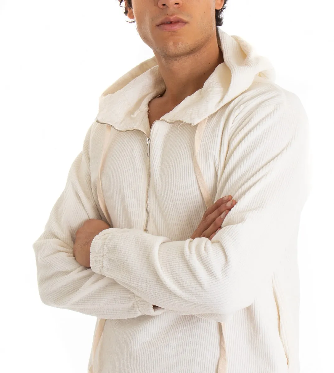 Felpa Uomo Con Cappuccio Bianco Maglia Velluto Costine Con Zip Regular Fit GIOSAL-F2709A