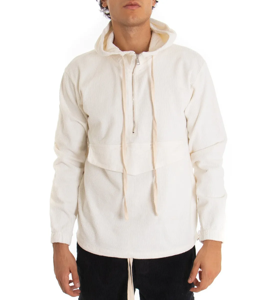 Felpa Uomo Con Cappuccio Bianco Maglia Velluto Costine Con Zip Regular Fit GIOSAL-F2709A