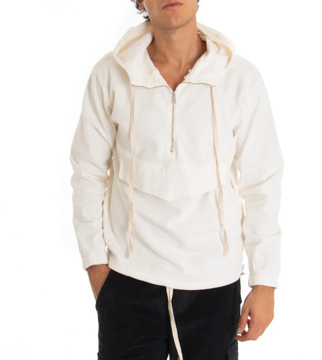 Felpa Uomo Con Cappuccio Bianco Maglia Velluto Costine Con Zip Regular Fit GIOSAL-F2709A