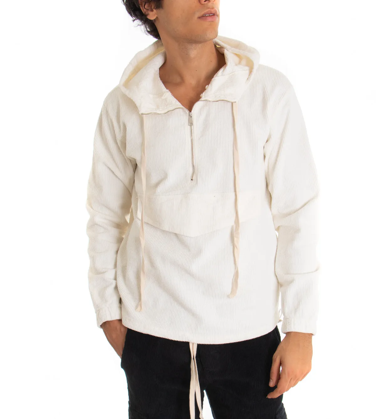 Felpa Uomo Con Cappuccio Bianco Maglia Velluto Costine Con Zip Regular Fit GIOSAL-F2709A