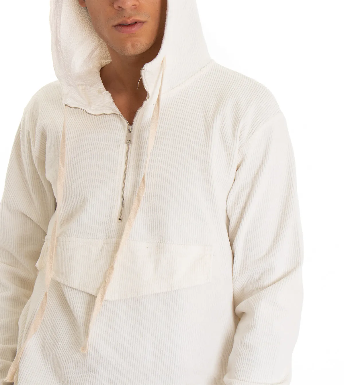 Felpa Uomo Con Cappuccio Bianco Maglia Velluto Costine Con Zip Regular Fit GIOSAL-F2709A