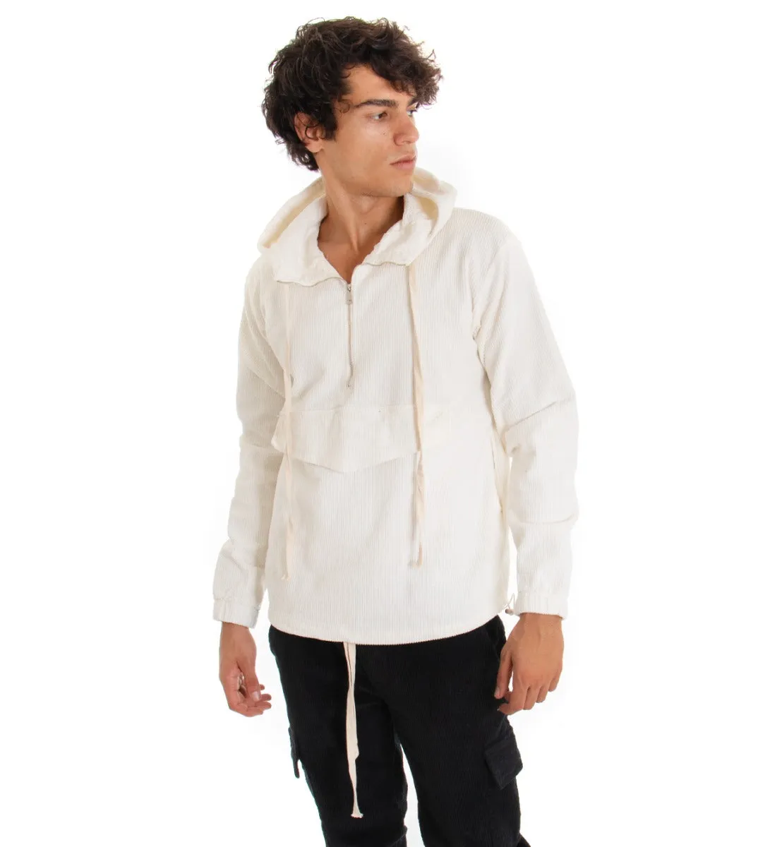 Felpa Uomo Con Cappuccio Bianco Maglia Velluto Costine Con Zip Regular Fit GIOSAL-F2709A