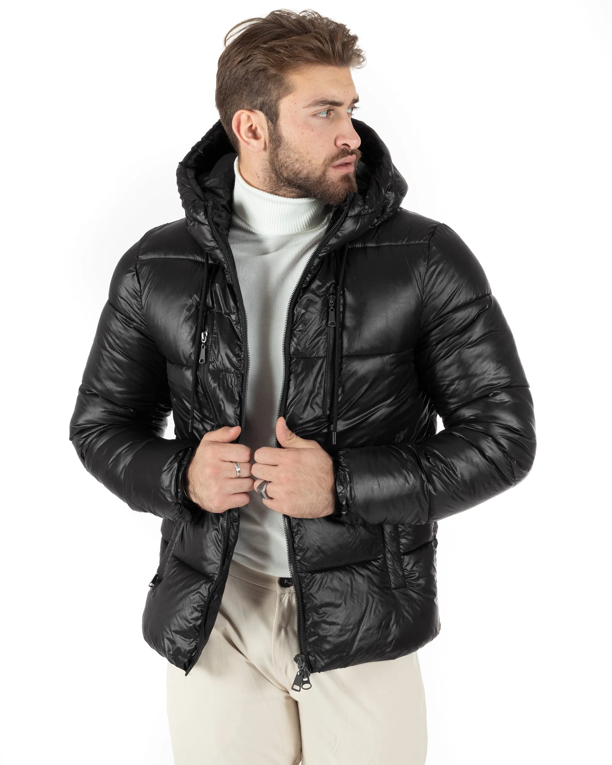 Giubbotto Uomo Bomber Tinta Unita Nero Lucido Opaco Puffer Trapuntato Cappuccio GIOSAL-G3145A