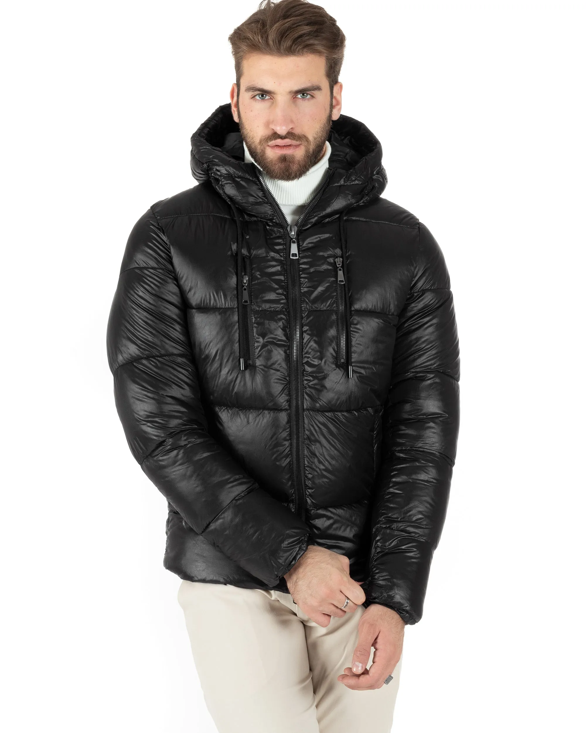 Giubbotto Uomo Bomber Tinta Unita Nero Lucido Opaco Puffer Trapuntato Cappuccio GIOSAL-G3145A