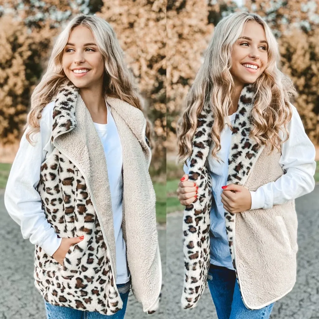 Reversible Leopard Print Sherpa/faux Fur Vest