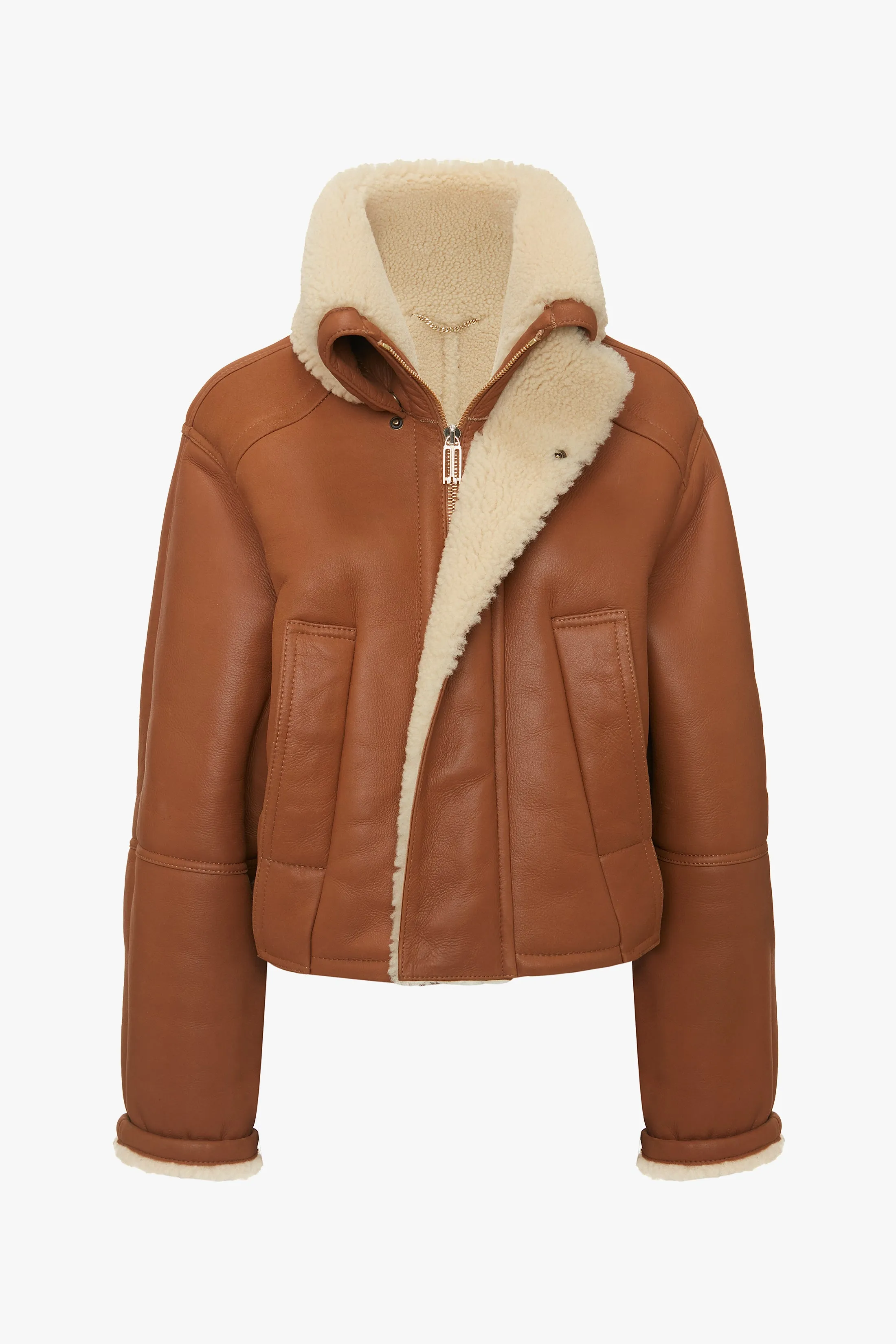 Shearling Pea Coat In Tan-Cream