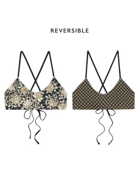 The Reversible Bralette. -- Black Oasis Floral and Bronze Check