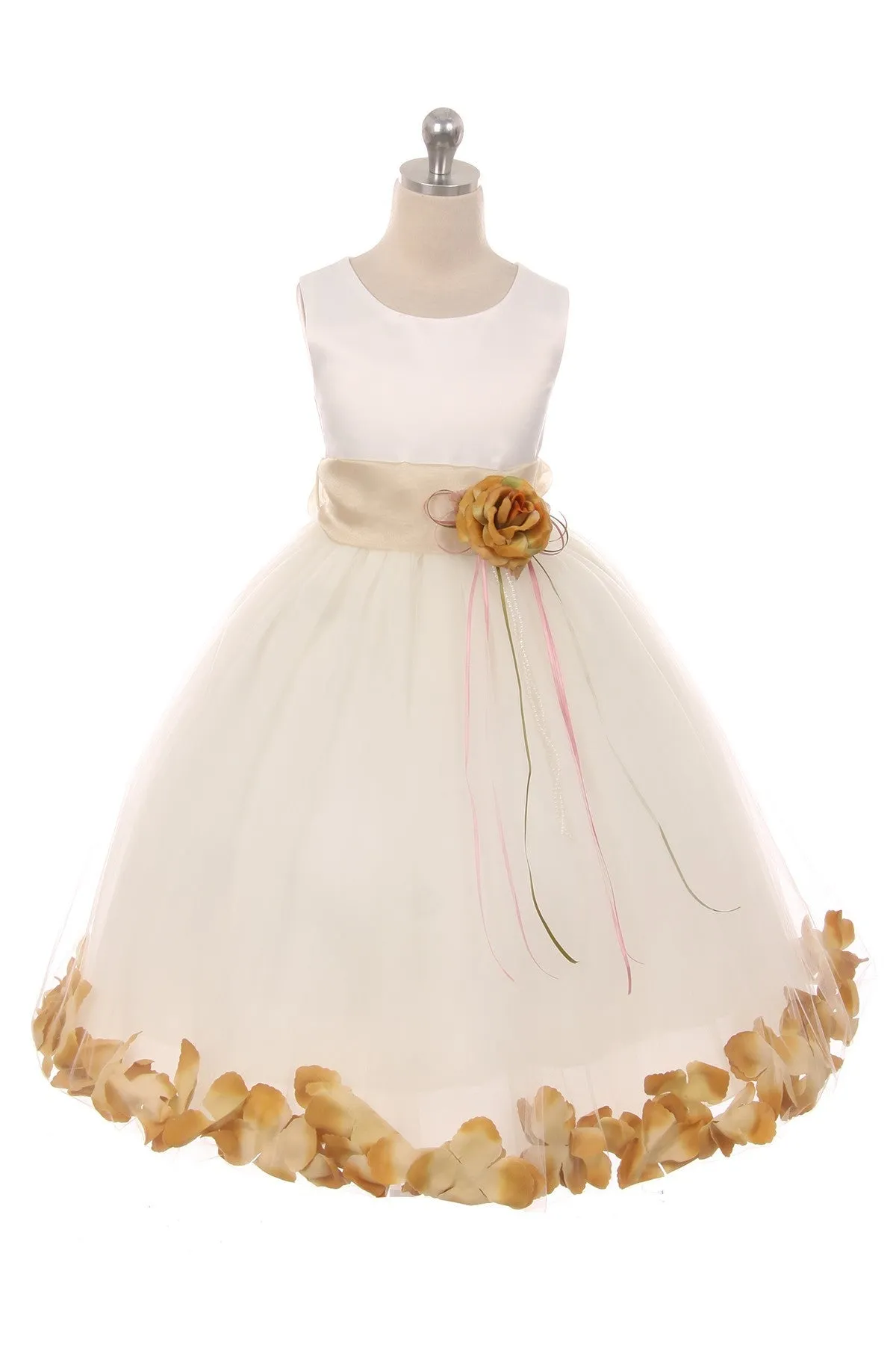 White Satin Flower Petal Girl Dress with Organza Sash (1 of 2)