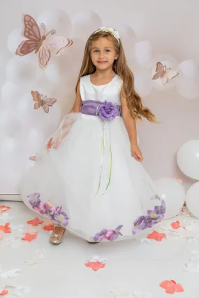 White Satin Flower Petal Girl Dress with Organza Sash (1 of 2)