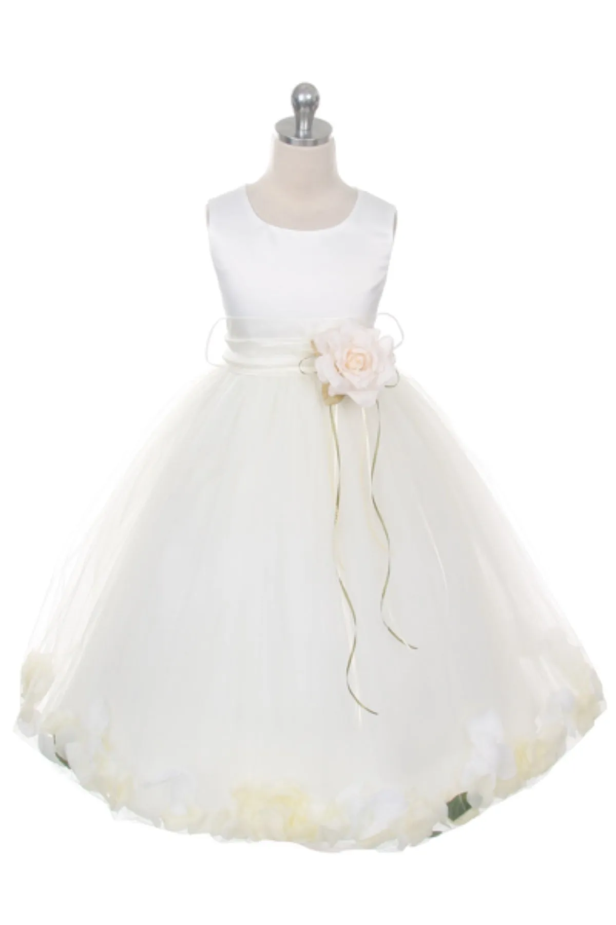 White Satin Flower Petal Girl Dress with Organza Sash (1 of 2)