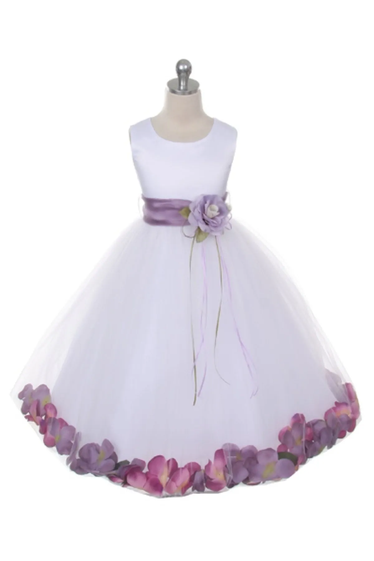 White Satin Flower Petal Girl Dress with Organza Sash (1 of 2)