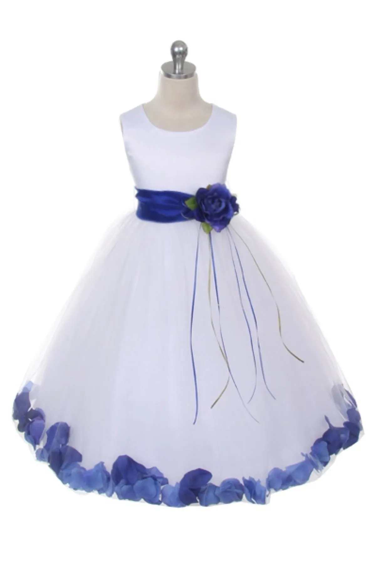 White Satin Flower Petal Girl Dress with Organza Sash (1 of 2)