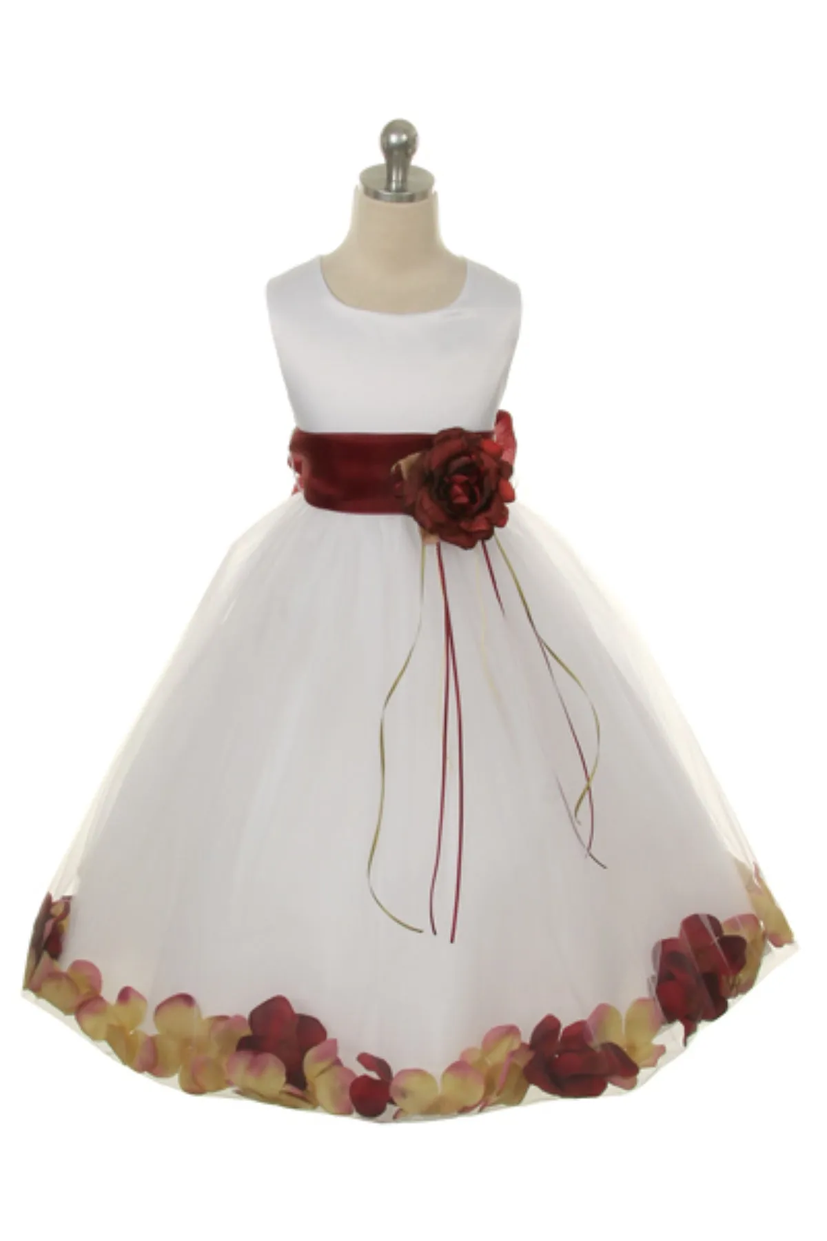 White Satin Flower Petal Girl Dress with Organza Sash (1 of 2)