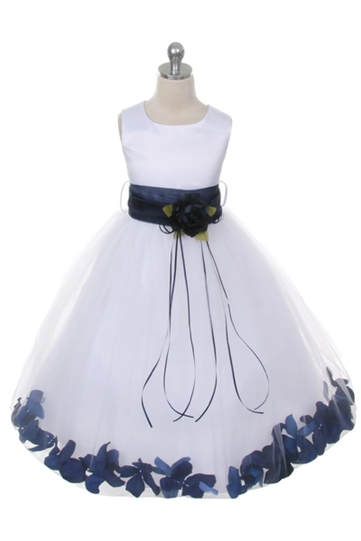 White Satin Flower Petal Girl Dress with Organza Sash (1 of 2)