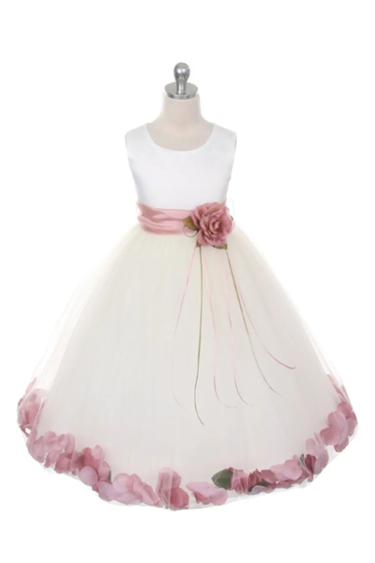 White Satin Flower Petal Girl Dress with Organza Sash (1 of 2)