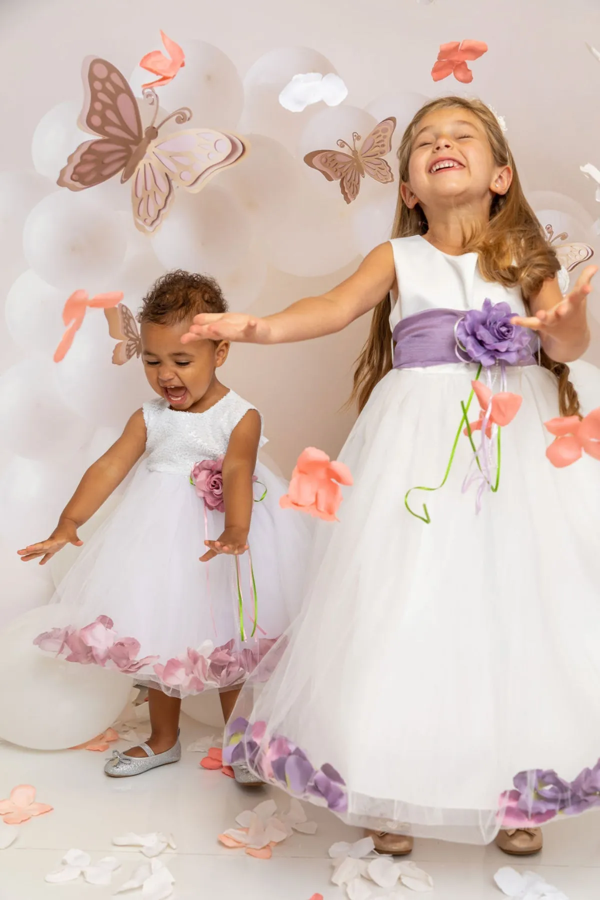 White Satin Flower Petal Girl Dress with Organza Sash (1 of 2)