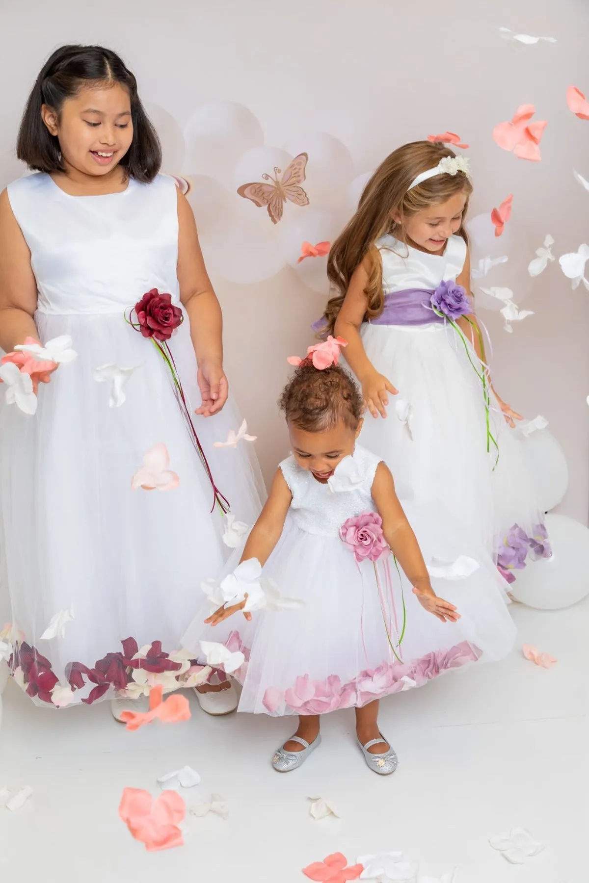 White Satin Flower Petal Girl Dress with Organza Sash (1 of 2)