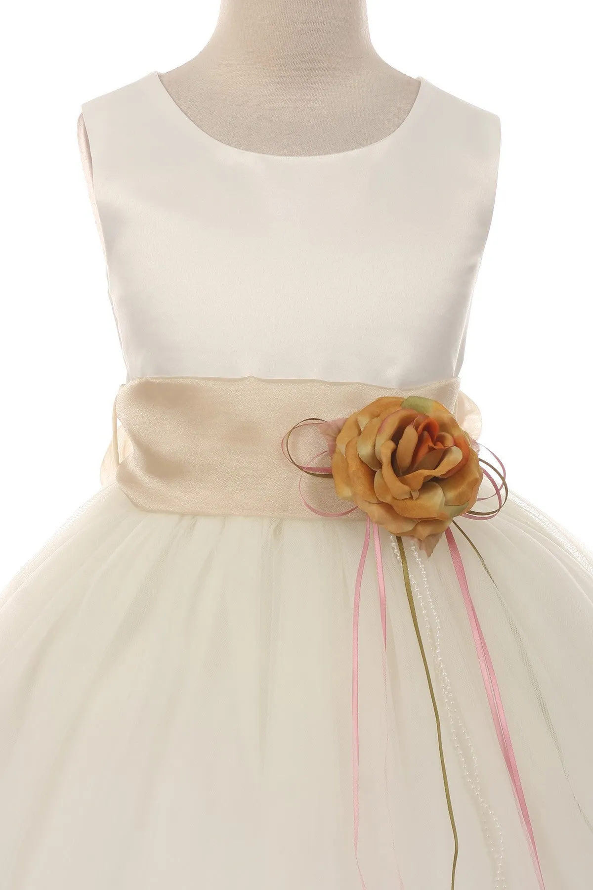 White Satin Flower Petal Girl Dress with Organza Sash (1 of 2)