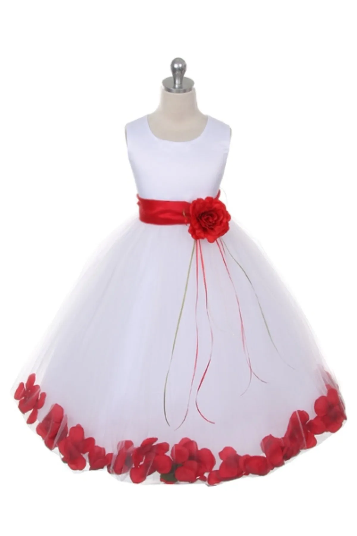 White Satin Flower Petal Girl Dress with Organza Sash (1 of 2)