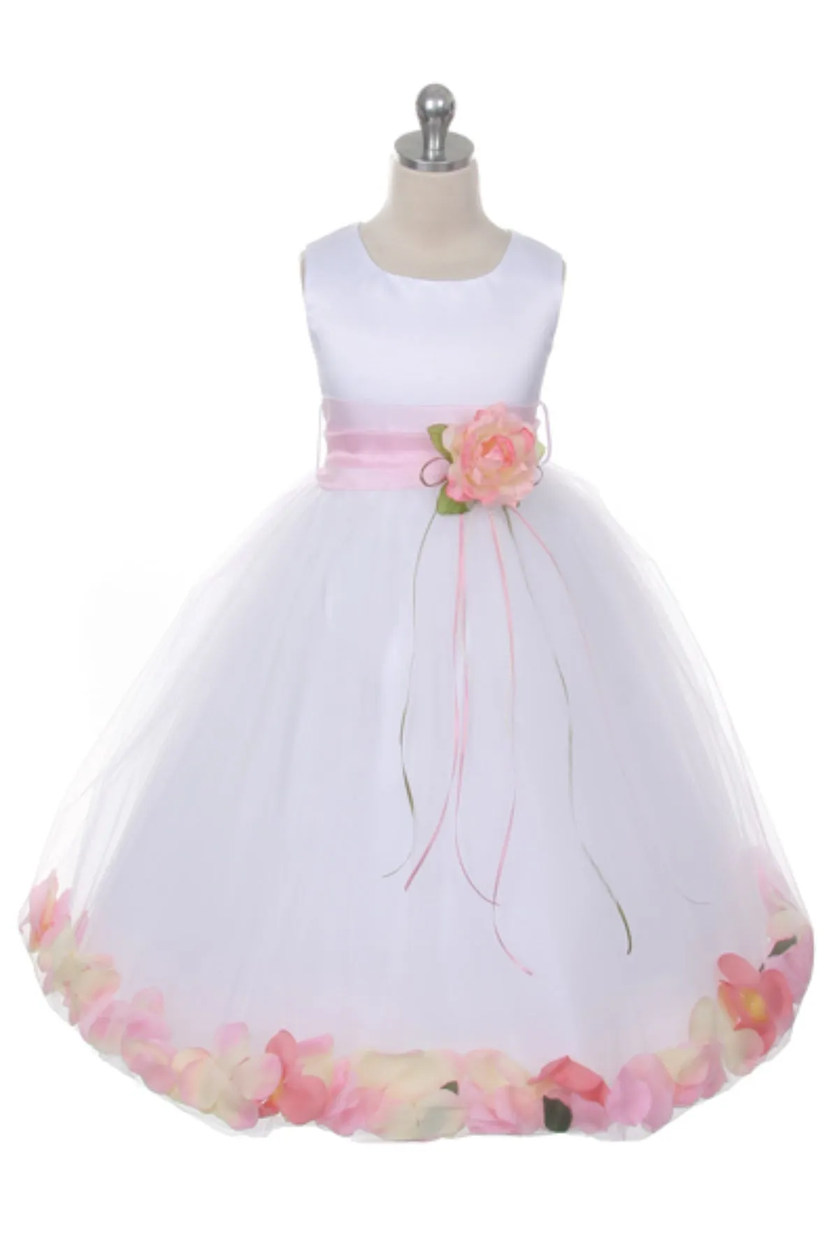 White Satin Flower Petal Girl Dress with Organza Sash (1 of 2)