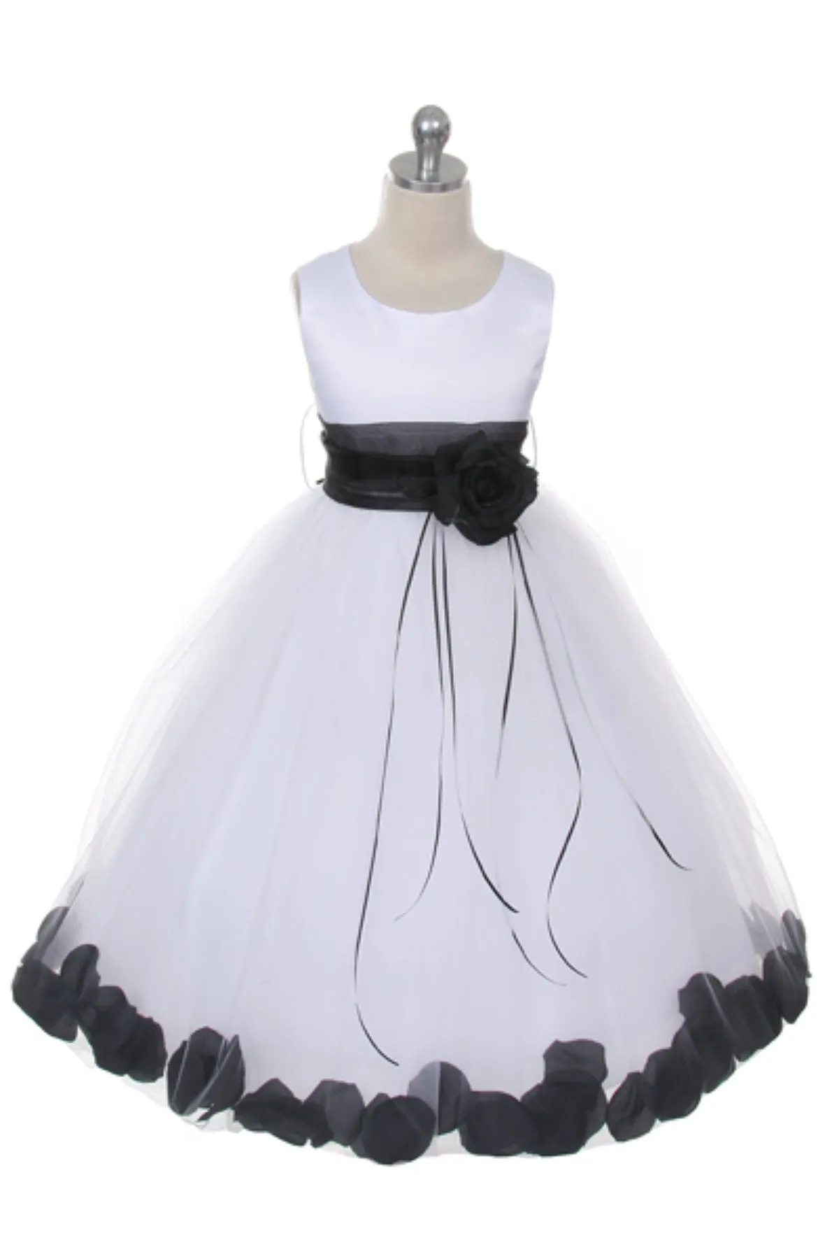 White Satin Flower Petal Girl Dress with Organza Sash (1 of 2)