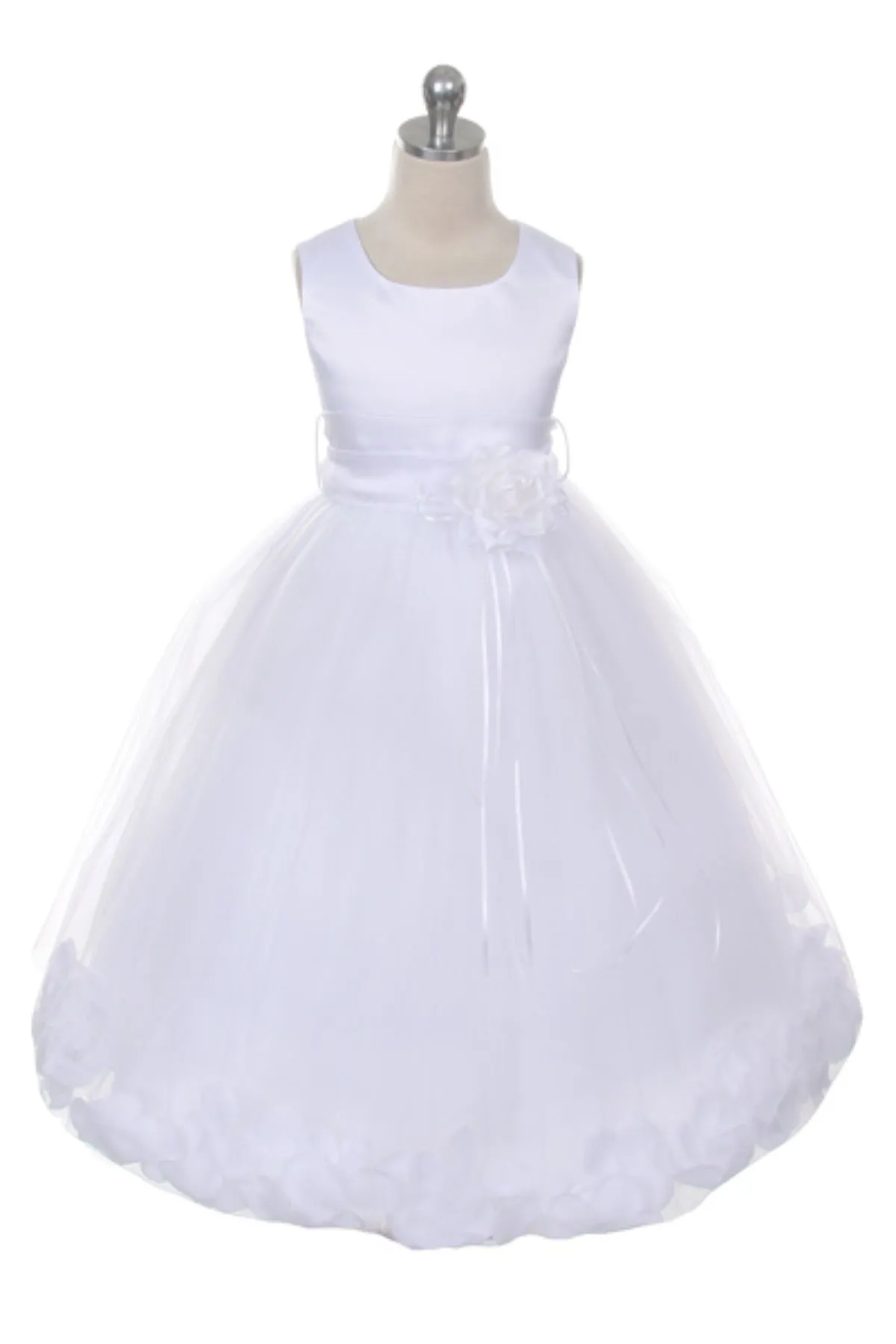 White Satin Flower Petal Girl Dress with Organza Sash (1 of 2)