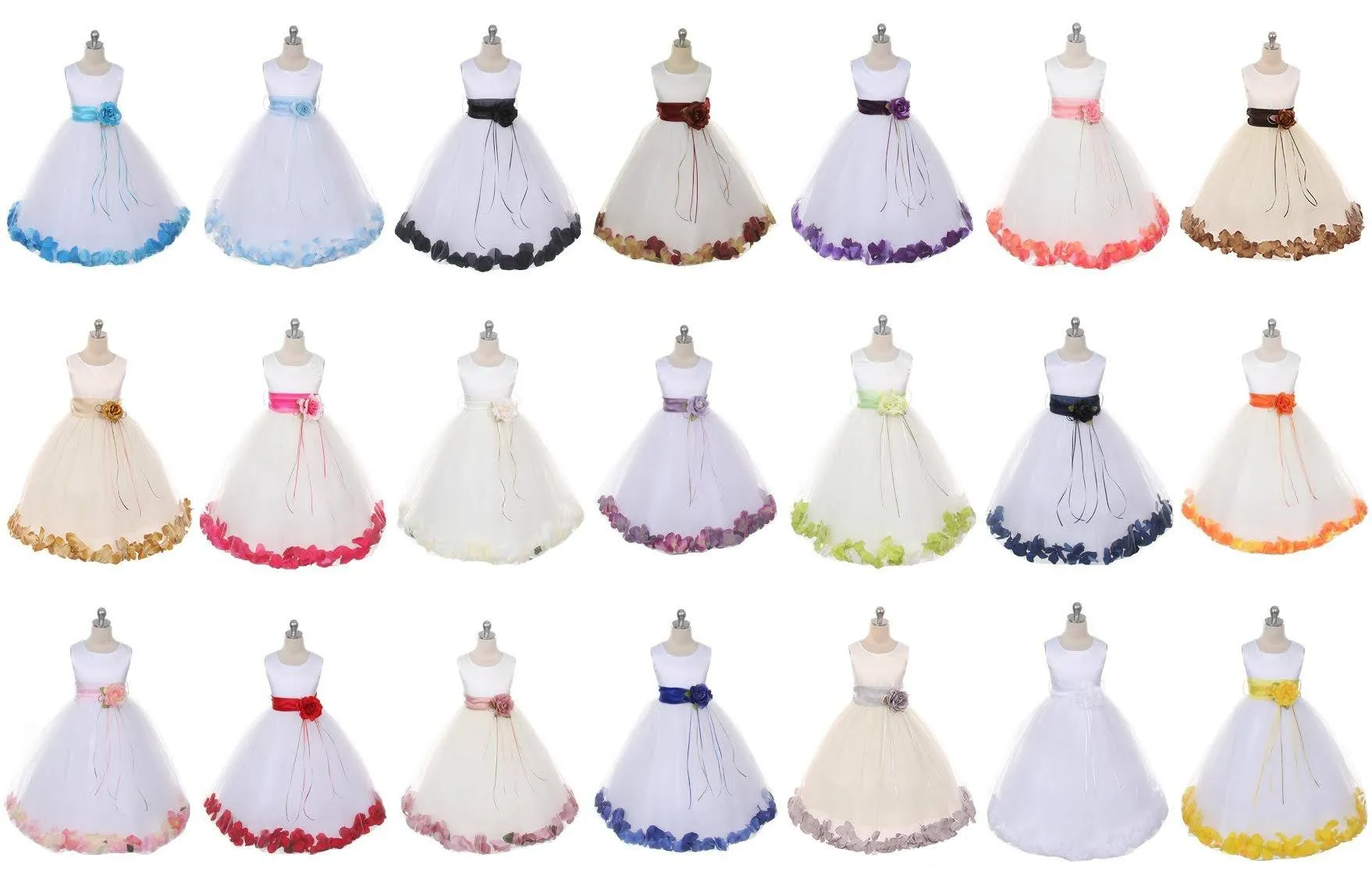 White Satin Flower Petal Girl Dress with Organza Sash (1 of 2)